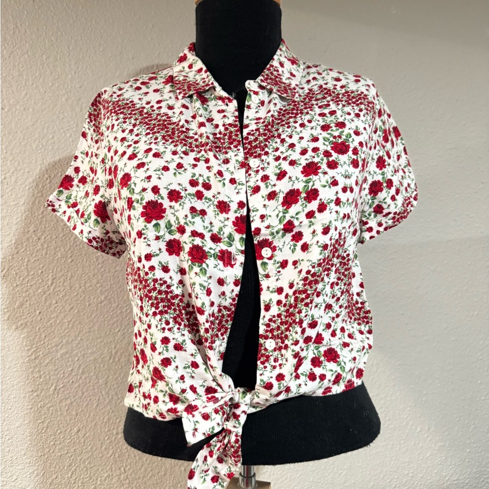 Divided Red and White Floral Button-Down Shirt